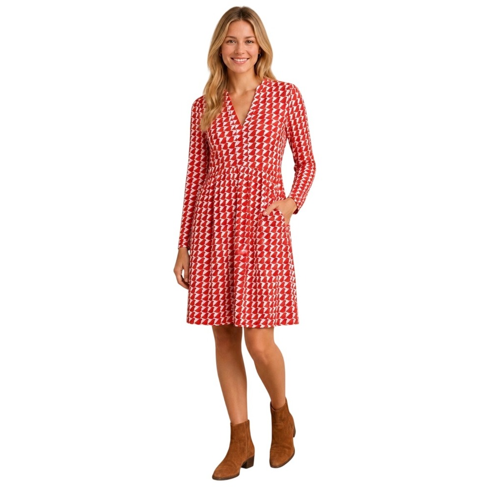 Boden Orange Red White Bird Print Long Sleeve V-Neck Jersey Dress Size 6R